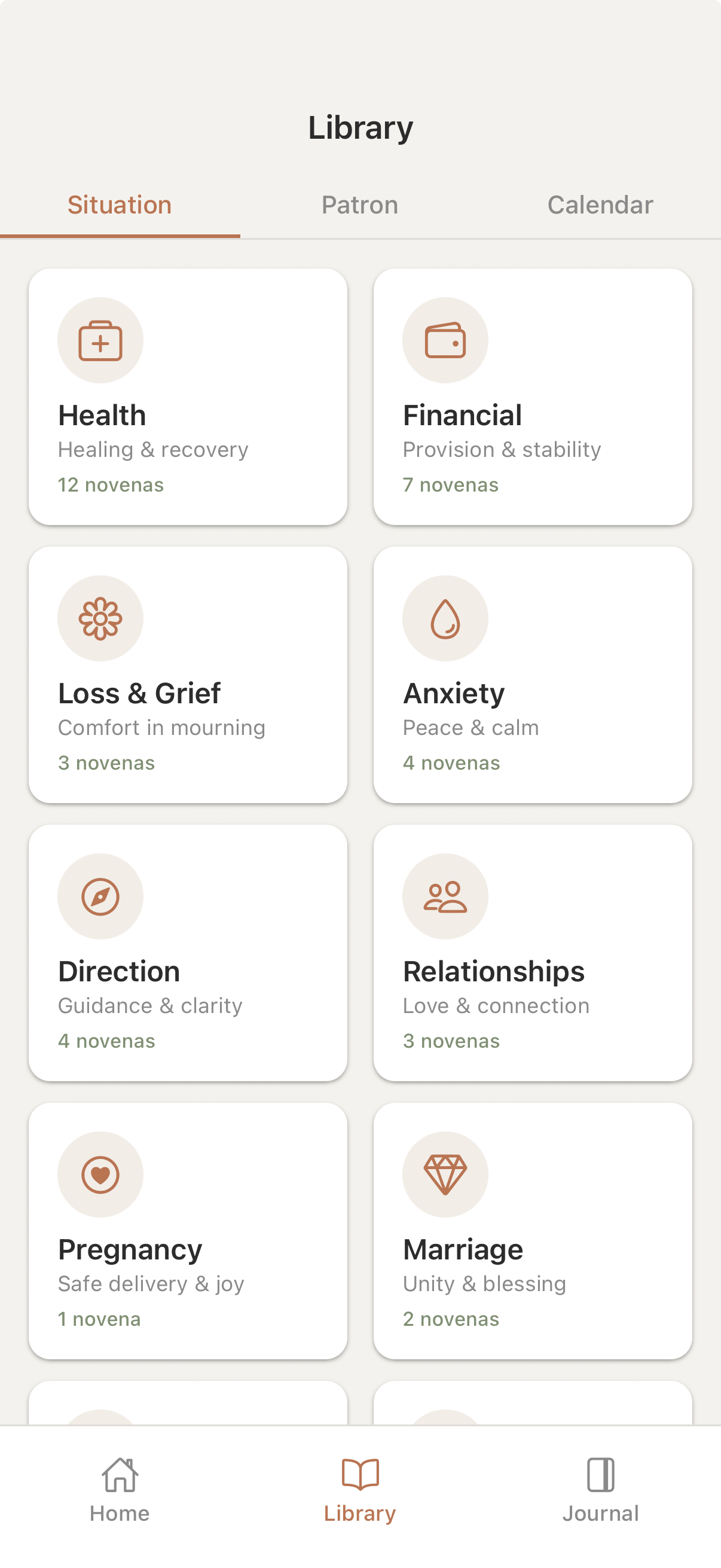 Nos library screen showing novena categories